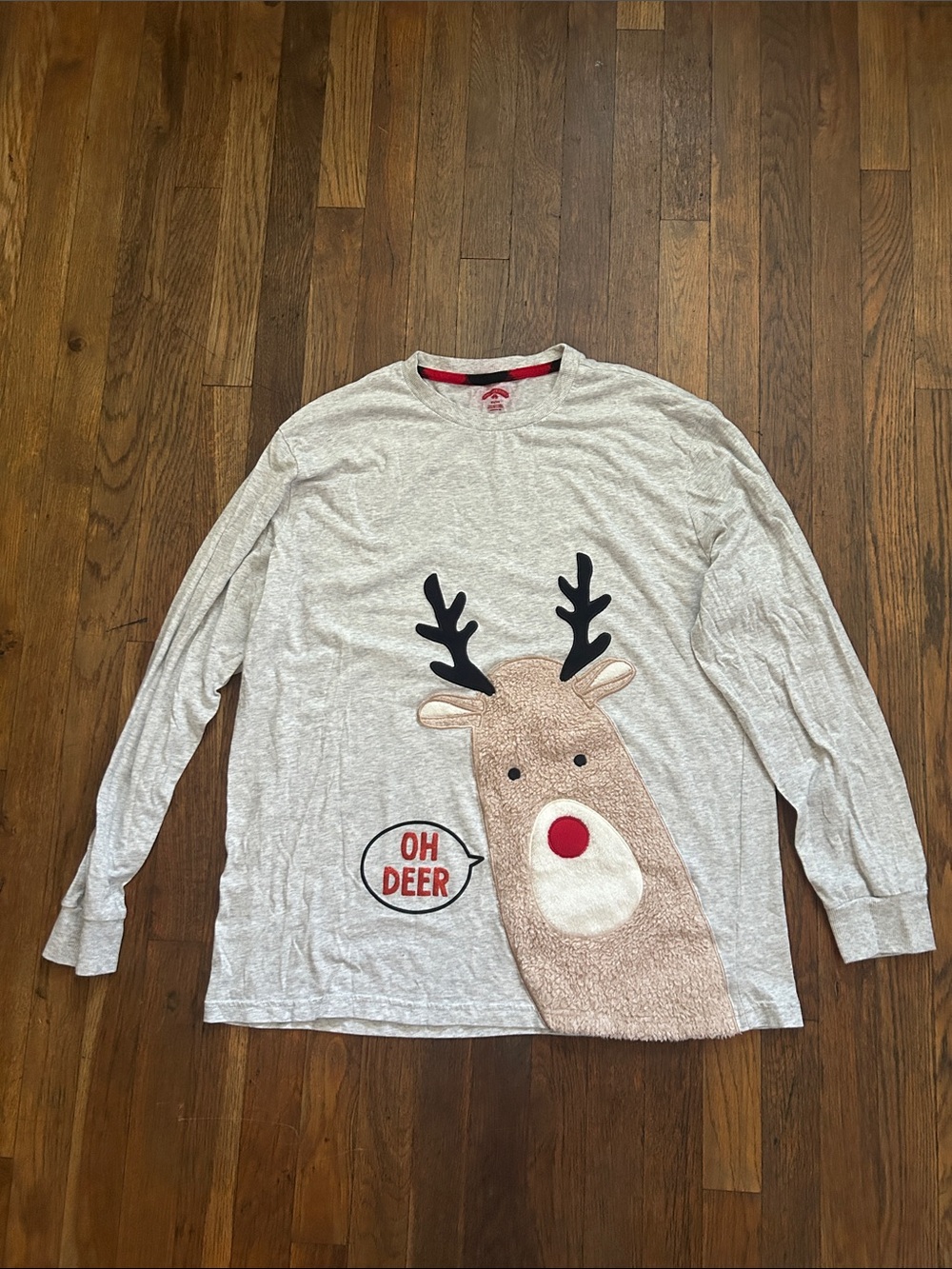 Holiday Time Grey Long-Sleeve Tee with Reindeer Appliqué and Red Nose